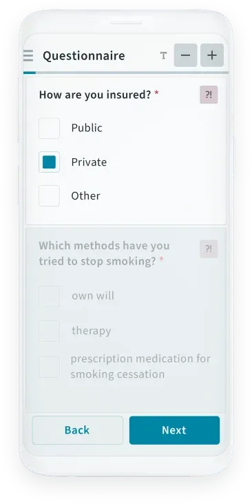 Idana app screen, questionnaire